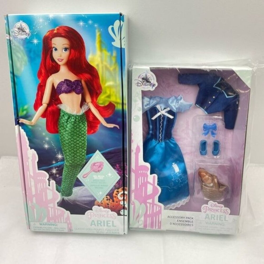 DISNEY STORE PRINCESS ARIEL CLASSIC DOLL W/ DOLL BRUSH & ACCESSORY PACK SET